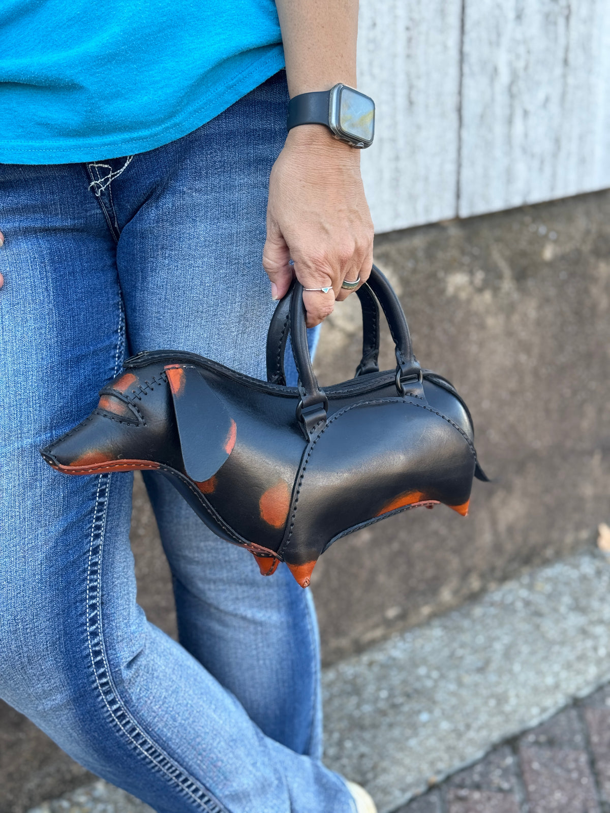 Handmade Leather Dachshund Purse – Black & Tan Weiner Dog Handbag