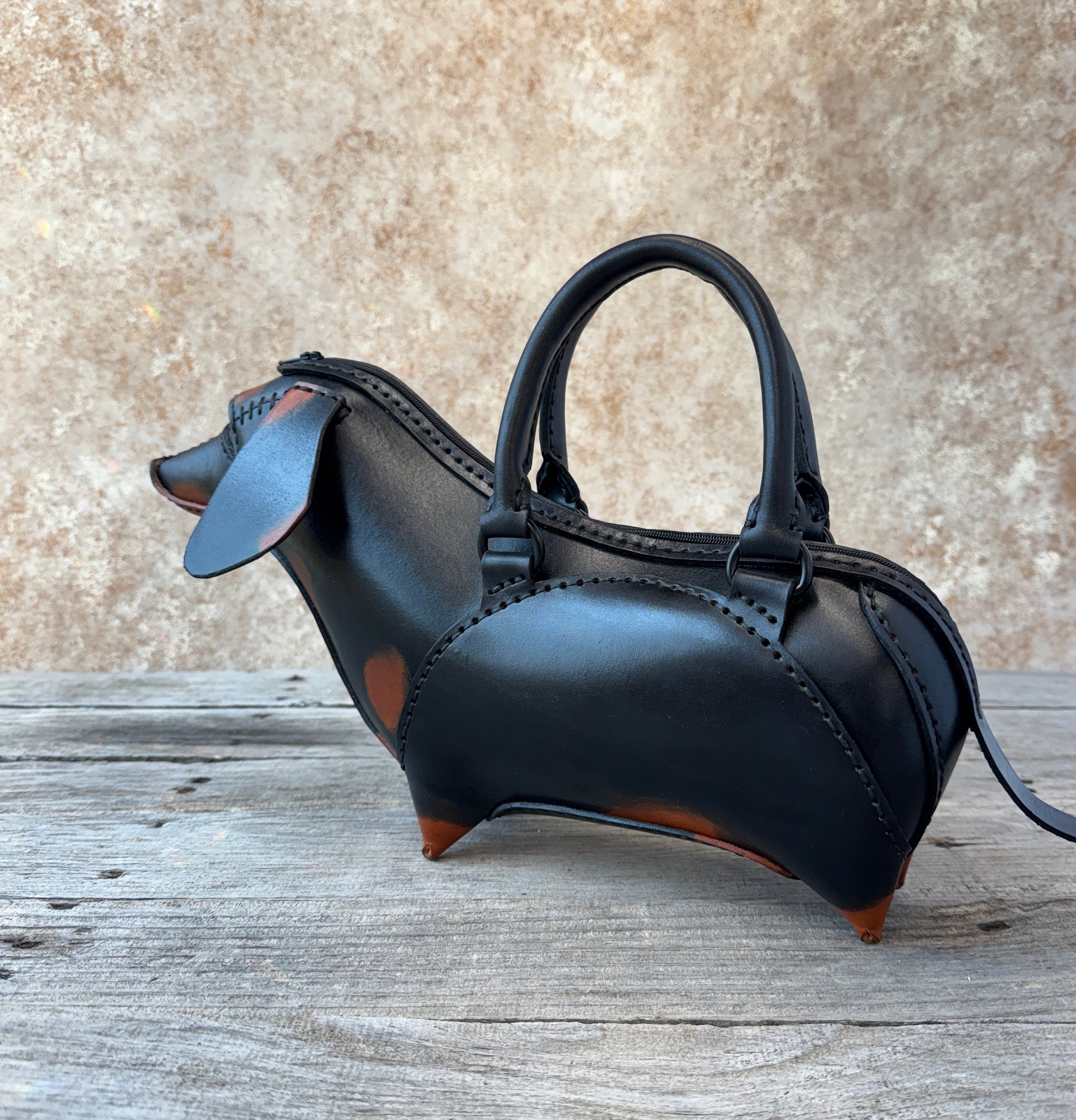 Handmade black and tan leather dachshund purse with handles and dimensional wiener dog shape