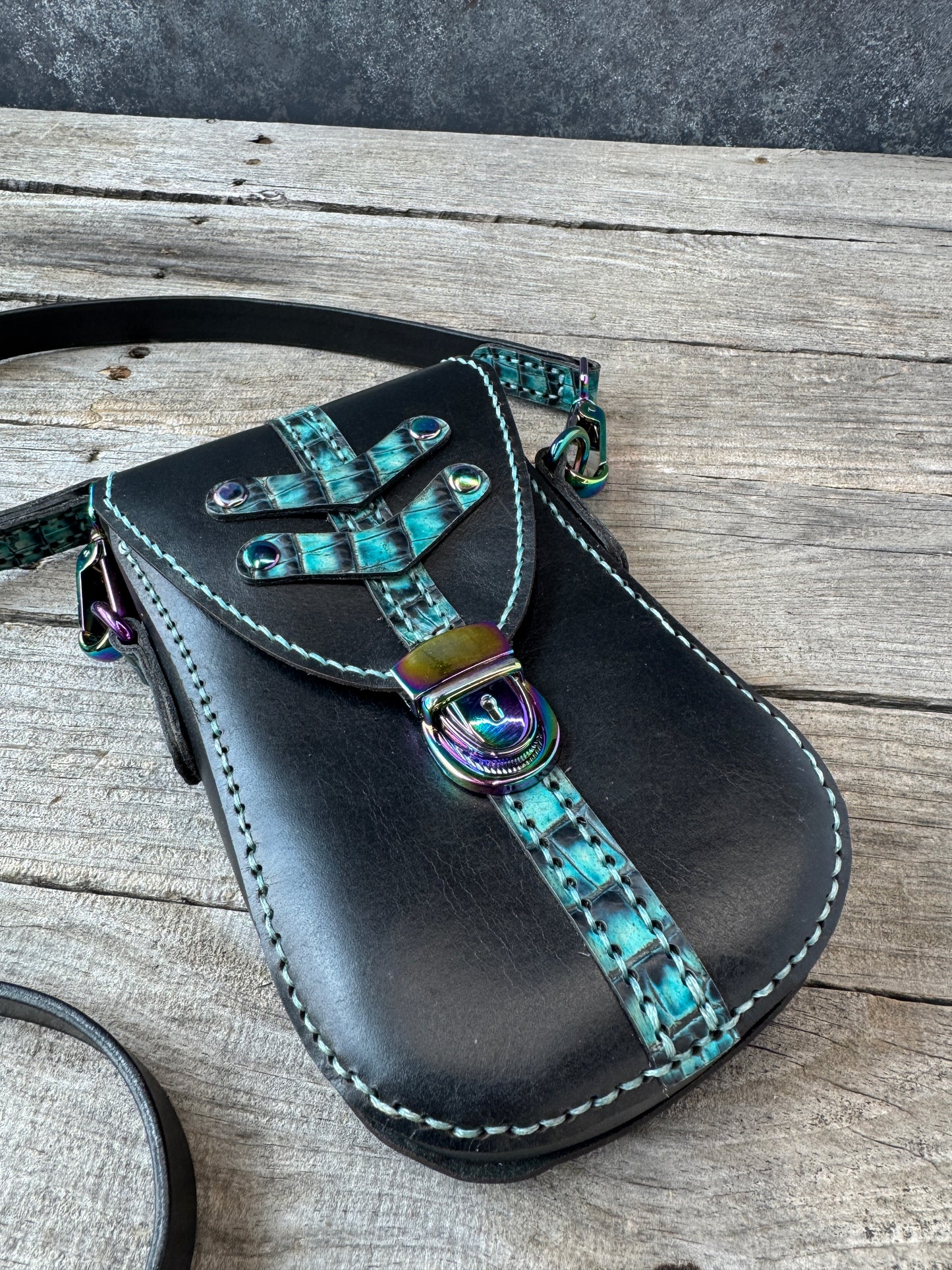 Teal Alligator and Black Crossbody