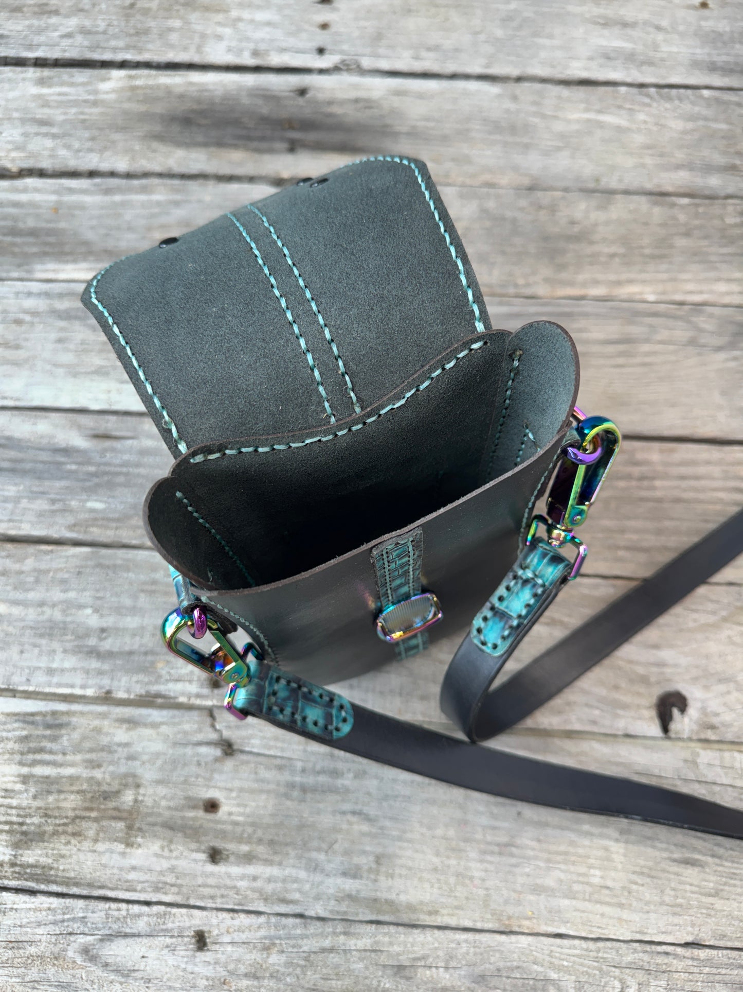 Teal Alligator and Black Crossbody