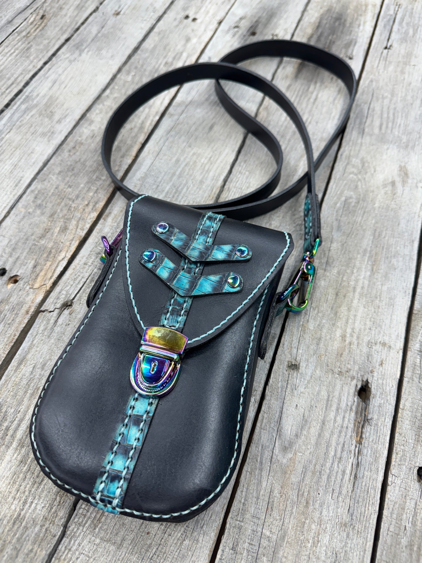 Teal Alligator and Black Crossbody