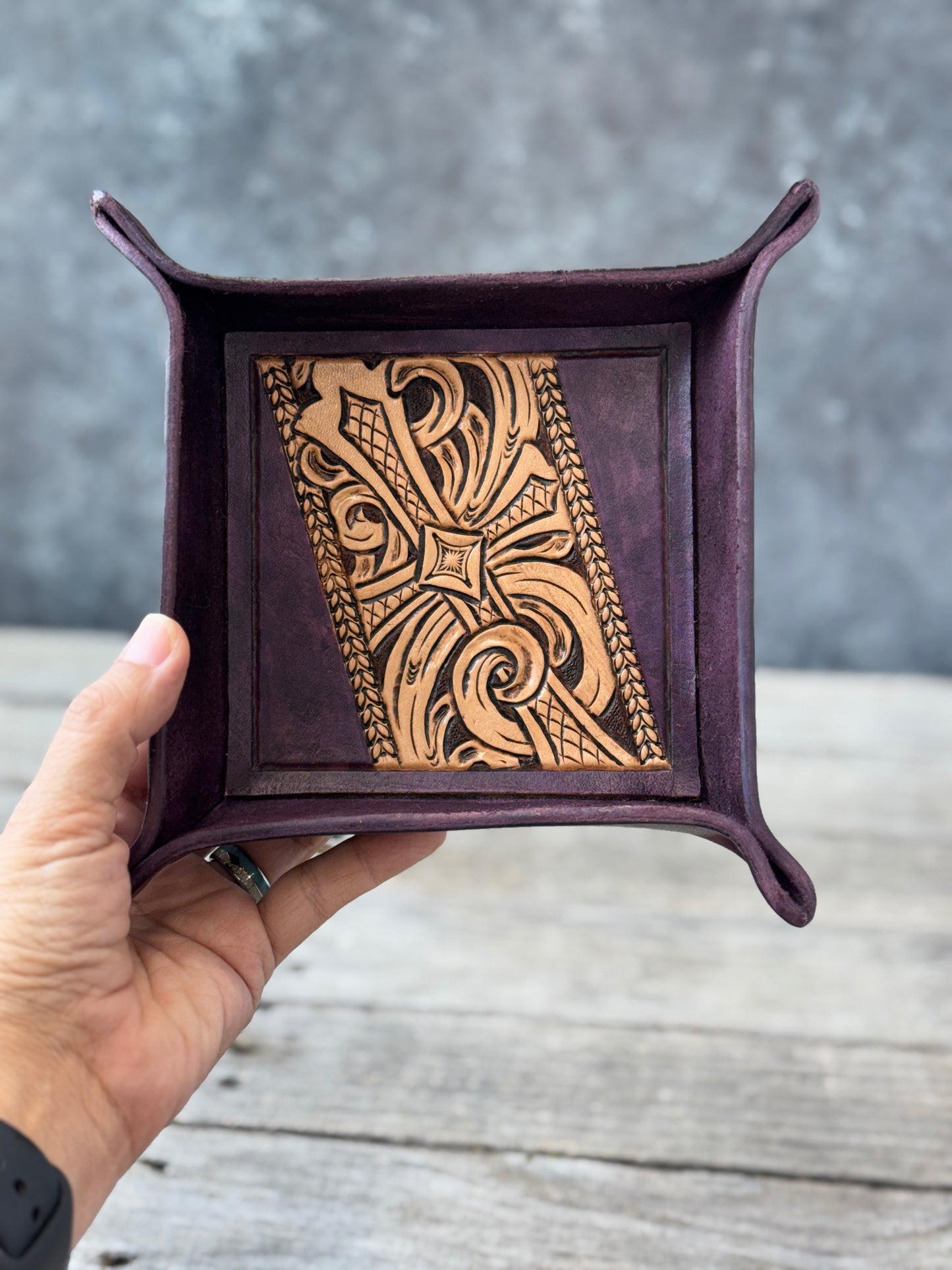 Black Cherry Tooled Cross Valet Tray