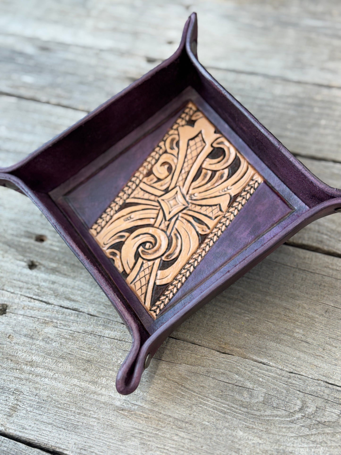 Black Cherry Tooled Cross Valet Tray