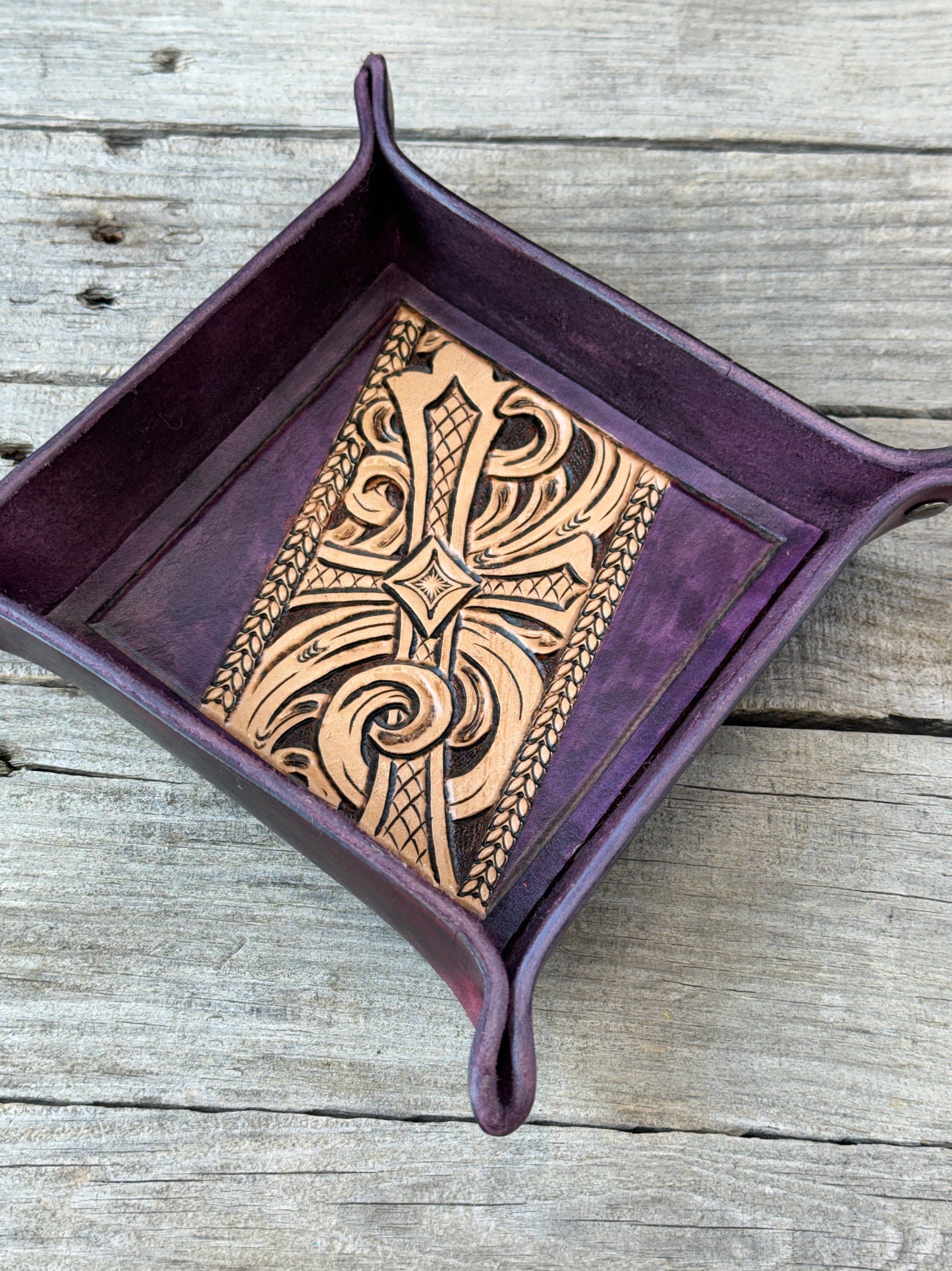 Black Cherry Tooled Cross Valet Tray