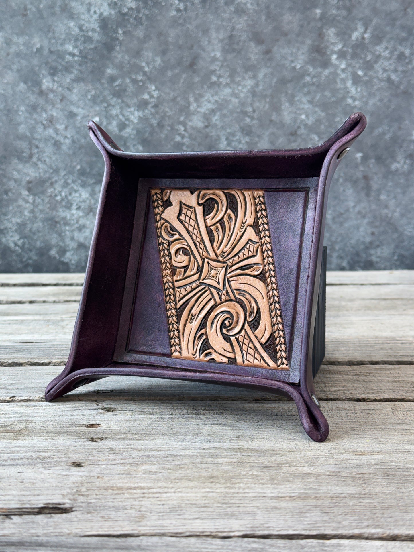 Black Cherry Tooled Cross Valet Tray