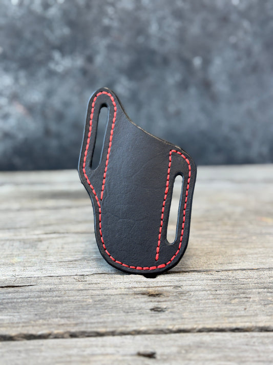 Black with Red Stitching Slanted Pancake Pocket Knife Sheath