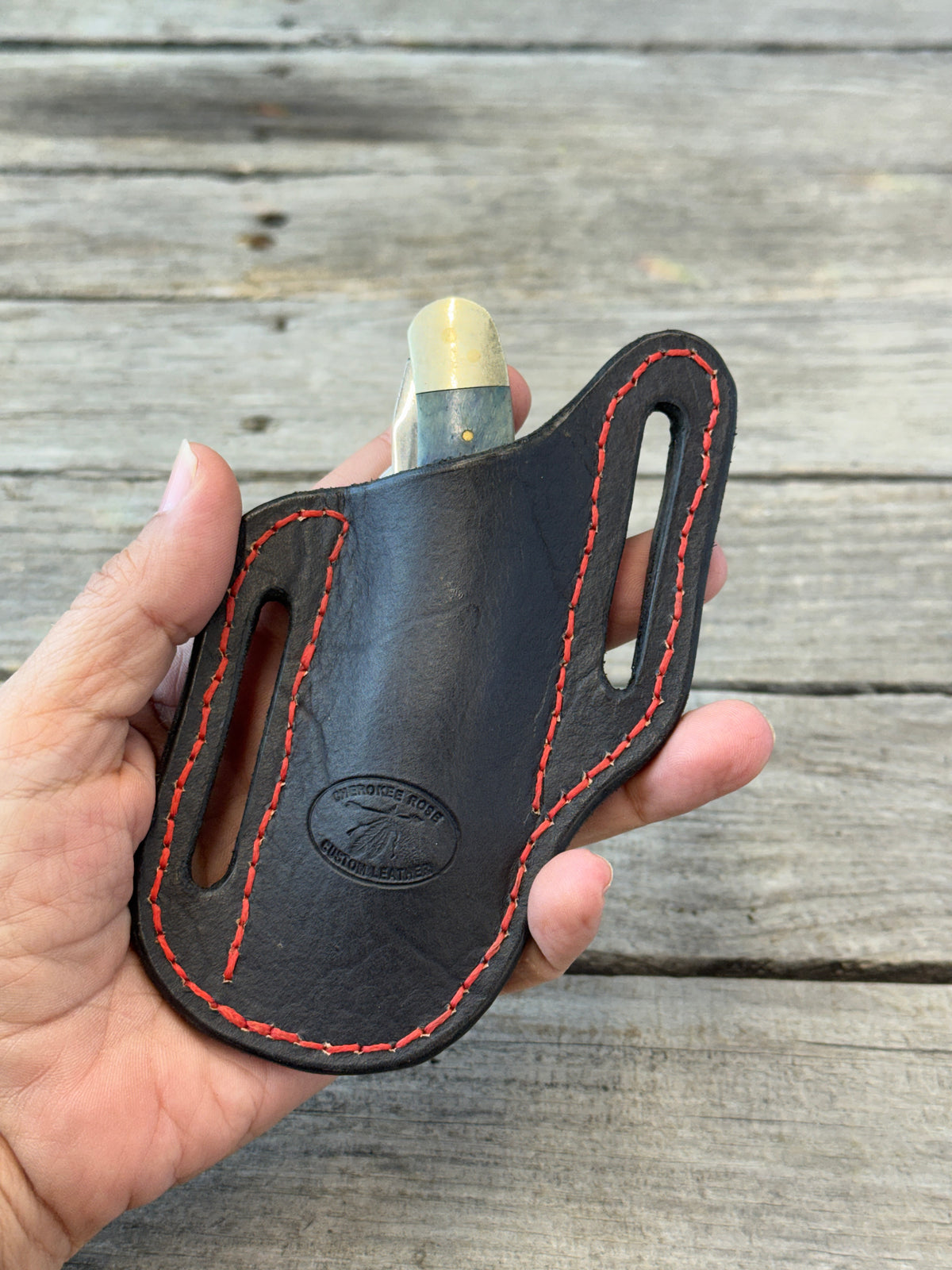 Black with Red Stitching Slanted Pancake Pocket Knife Sheath