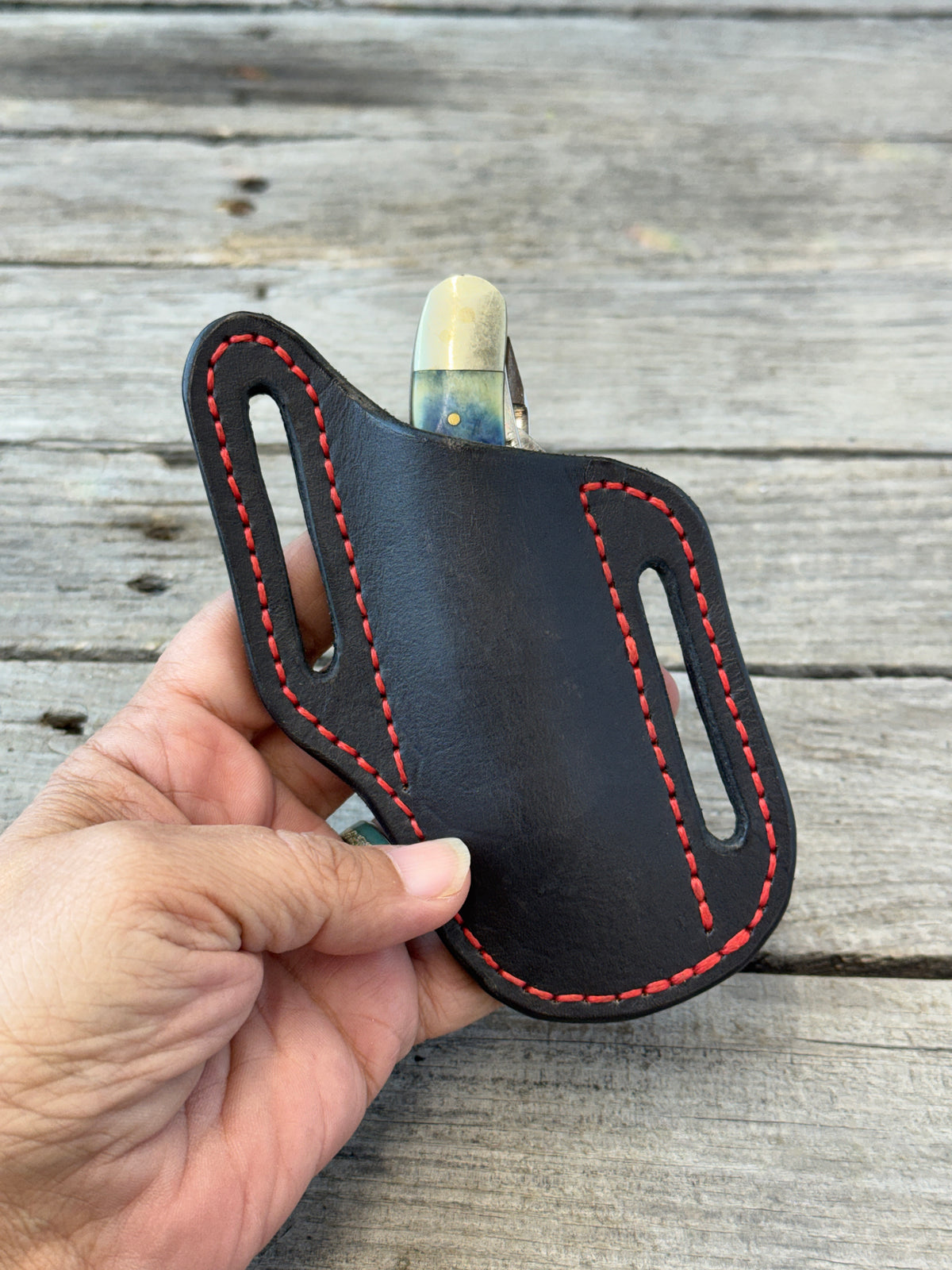 Black with Red Stitching Slanted Pancake Pocket Knife Sheath