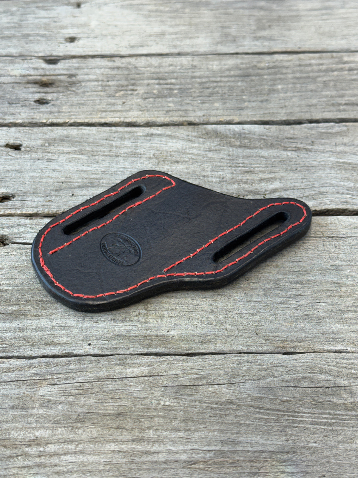 Black with Red Stitching Slanted Pancake Pocket Knife Sheath