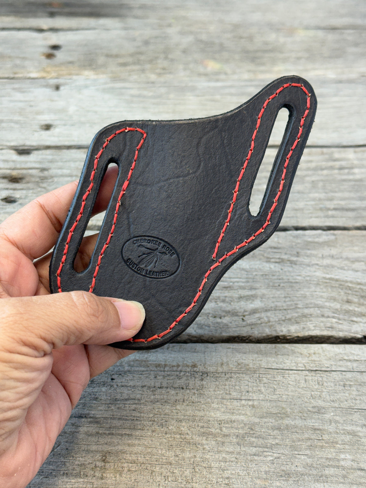 Black with Red Stitching Slanted Pancake Pocket Knife Sheath