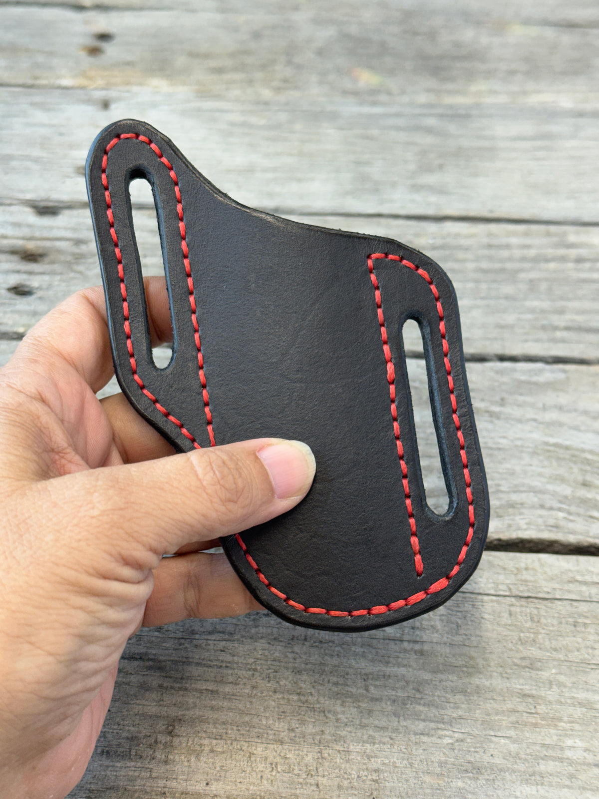 Black with Red Stitching Slanted Pancake Pocket Knife Sheath