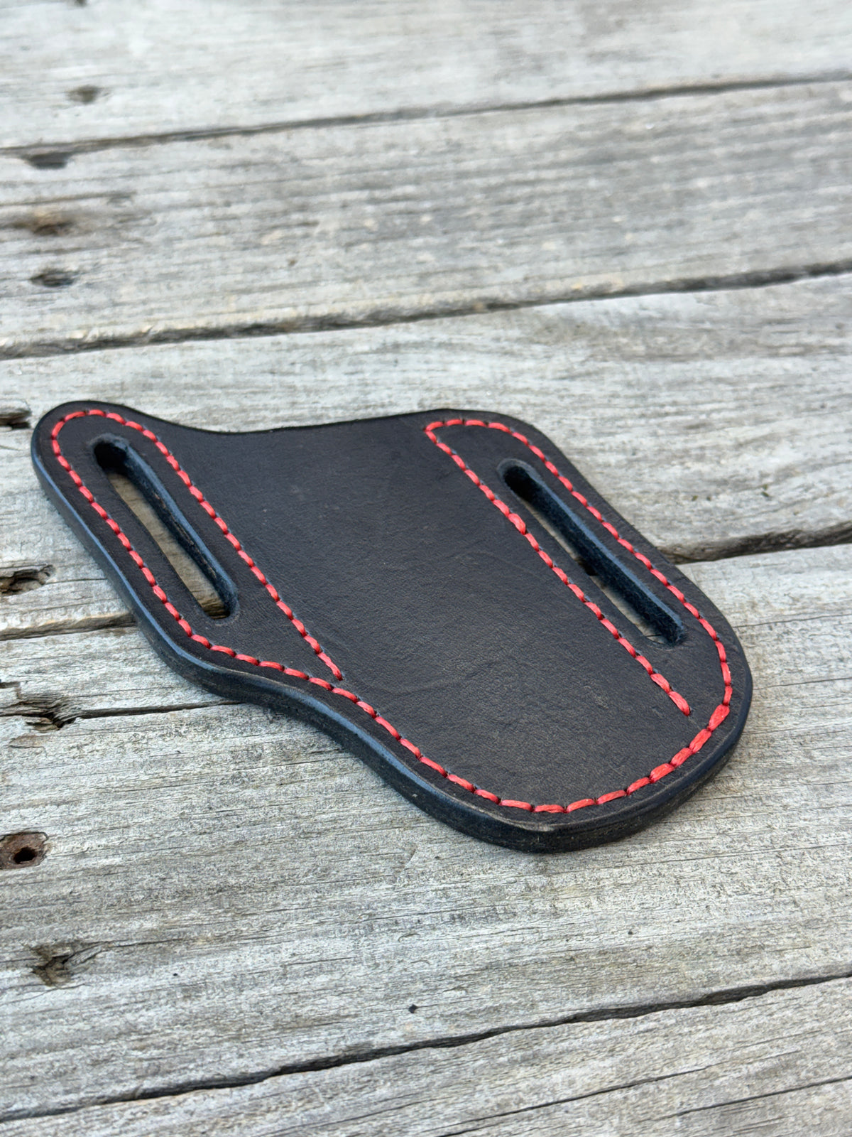 Black with Red Stitching Slanted Pancake Pocket Knife Sheath