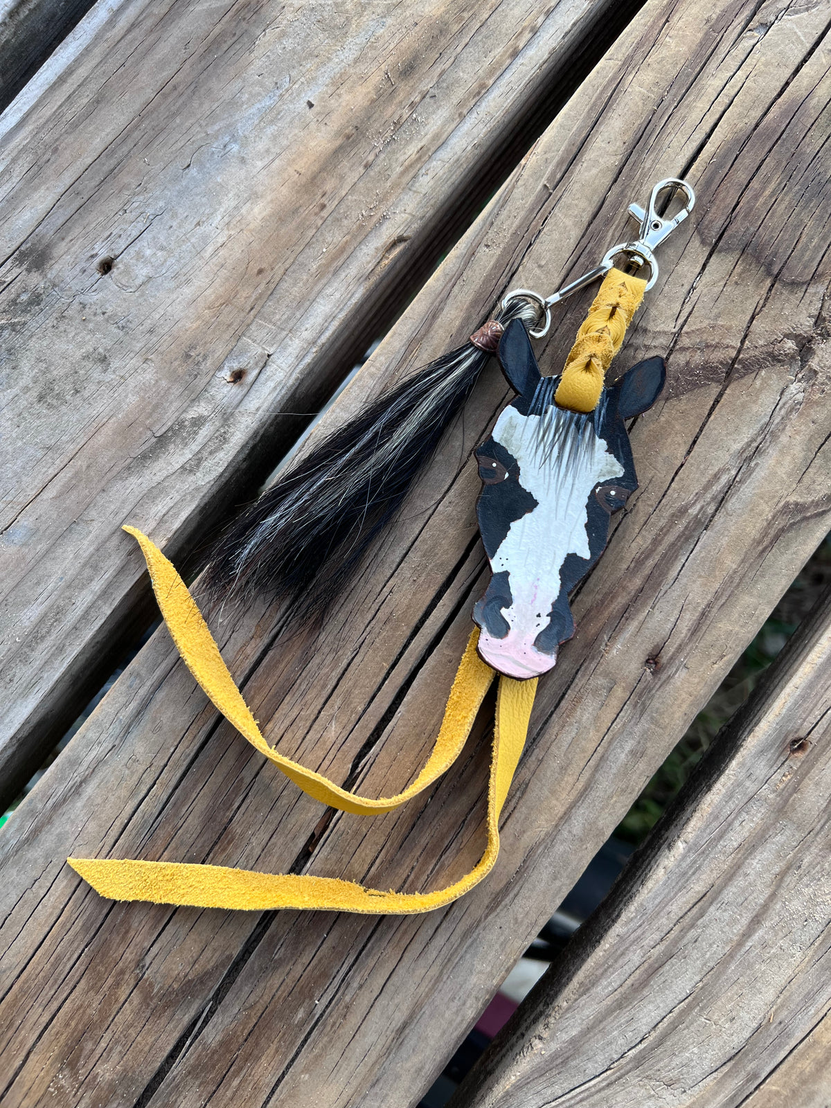 Hand Painted Black and White Paint Horse Face Key Chain