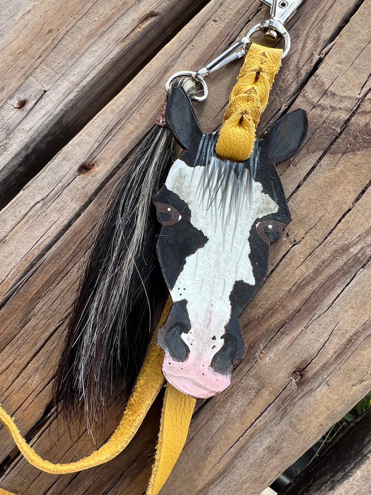 Hand Painted Black and White Paint Horse Face Key Chain
