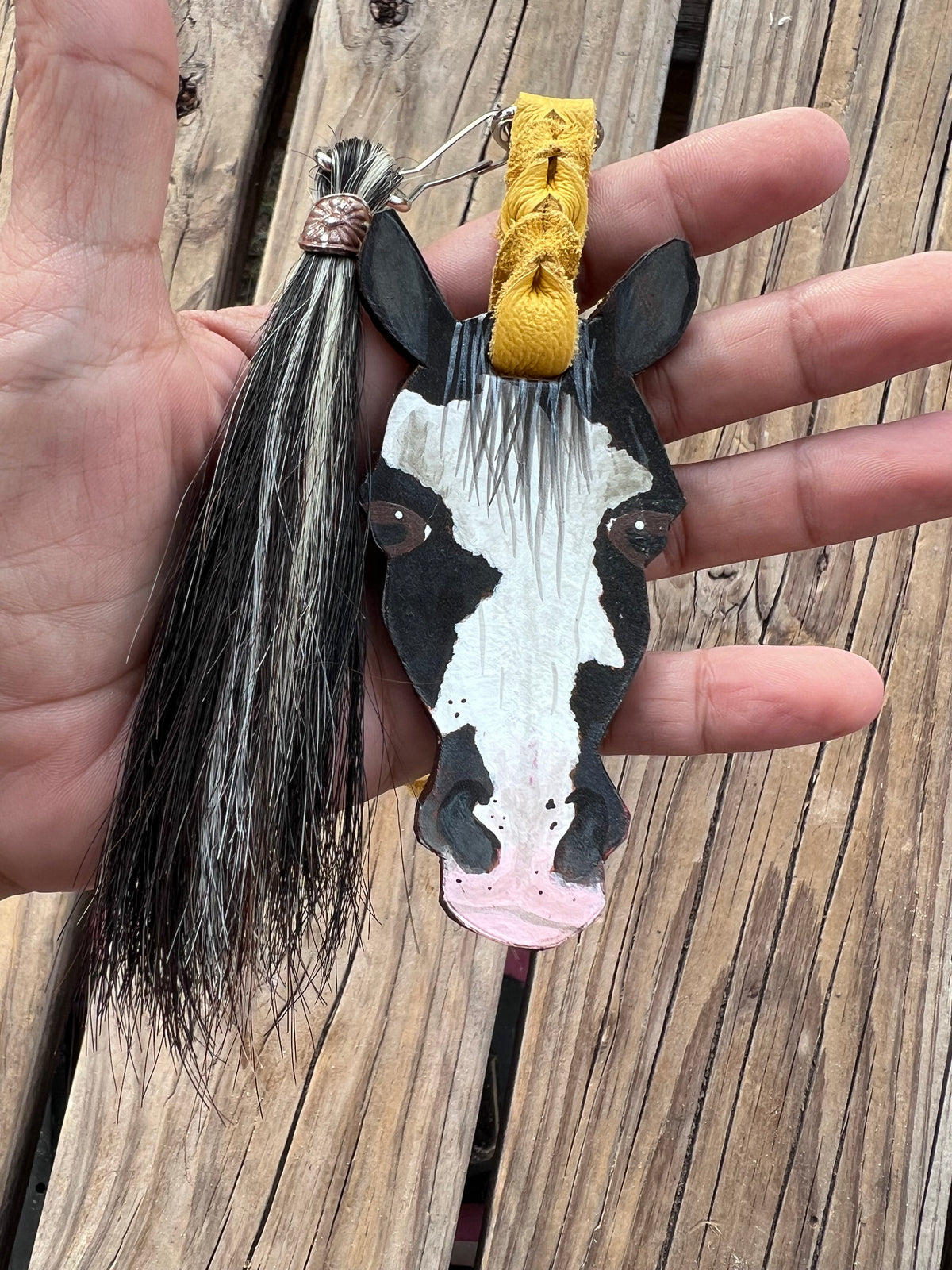 Hand Painted Black and White Paint Horse Face Key Chain