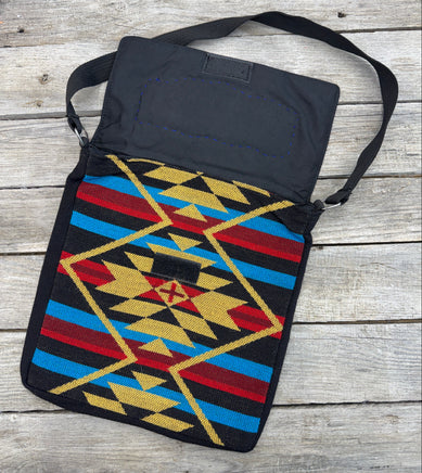 Boho Western messenger bag with hand-tooled sunflower and turquoise scroll leather patch, handmade by Cherokee Rose Custom Leather in East Texas.