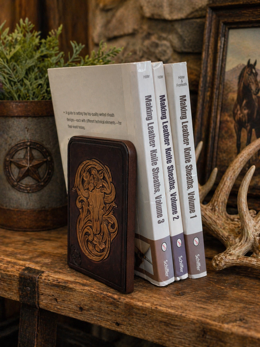 Hand Tooled Leather Bookends – Buffalo Skull Floral Carved Leather Bookends