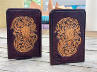Hand Tooled Leather Bookends – Buffalo Skull Floral Carved Leather Bookends