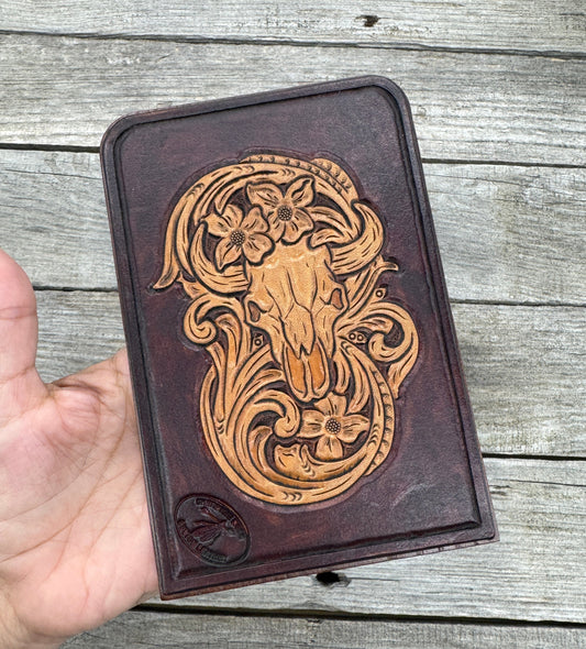 Hand Tooled Leather Bookends – Buffalo Skull Floral Carved Leather Bookends