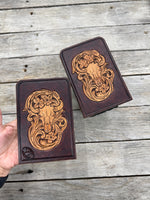 Hand Tooled Leather Bookends – Buffalo Skull Floral Carved Leather Bookends