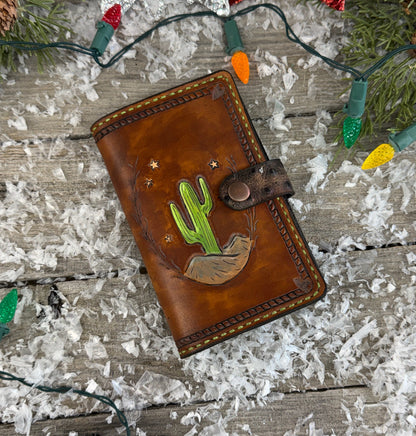 Hand carved and painted leather cactus memo pad holder with green stitching and antique copper snap, handmade by Cherokee Rose Custom Leather in East Texas.