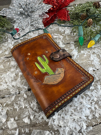 Hand carved and painted leather cactus memo pad holder with green stitching and antique copper snap, handmade by Cherokee Rose Custom Leather in East Texas.