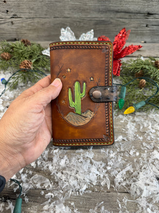 Hand carved and painted leather cactus memo pad holder with green stitching and antique copper snap, handmade by Cherokee Rose Custom Leather in East Texas.