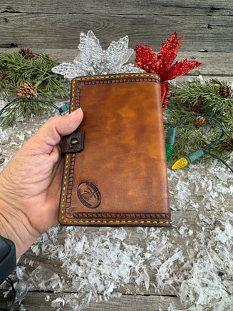 Hand carved and painted leather cactus memo pad holder with green stitching and antique copper snap, handmade by Cherokee Rose Custom Leather in East Texas.