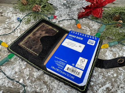 Hand carved and painted leather cactus memo pad holder with green stitching and antique copper snap, handmade by Cherokee Rose Custom Leather in East Texas.