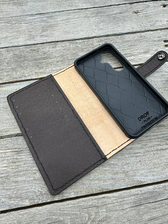 handmade leather phone holder elk mountain design mahogany