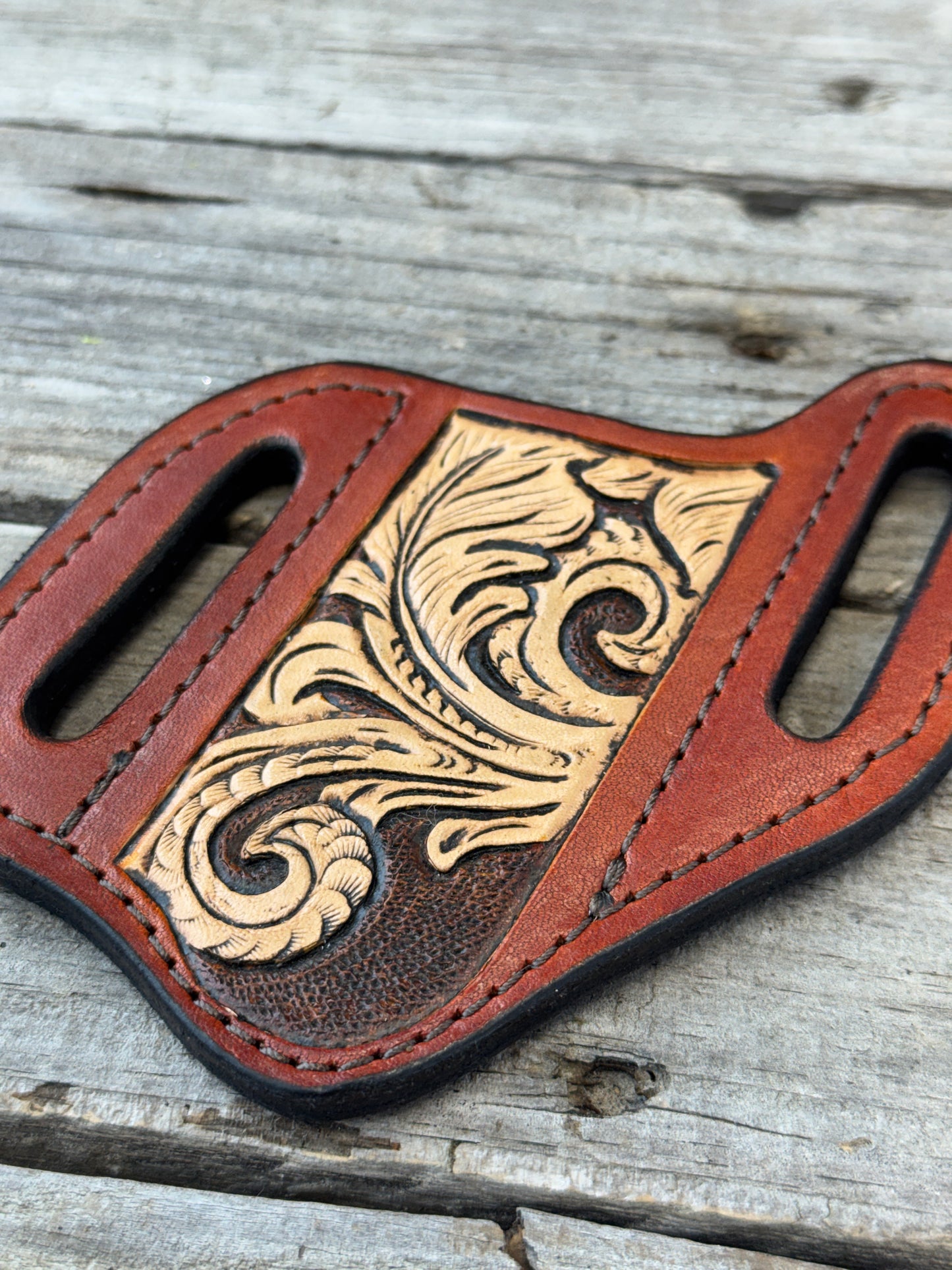 Carved Feather Wide Slanted Pancake Knife Sheath