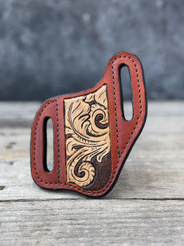 Carved Feather Wide Slanted Pancake Knife Sheath