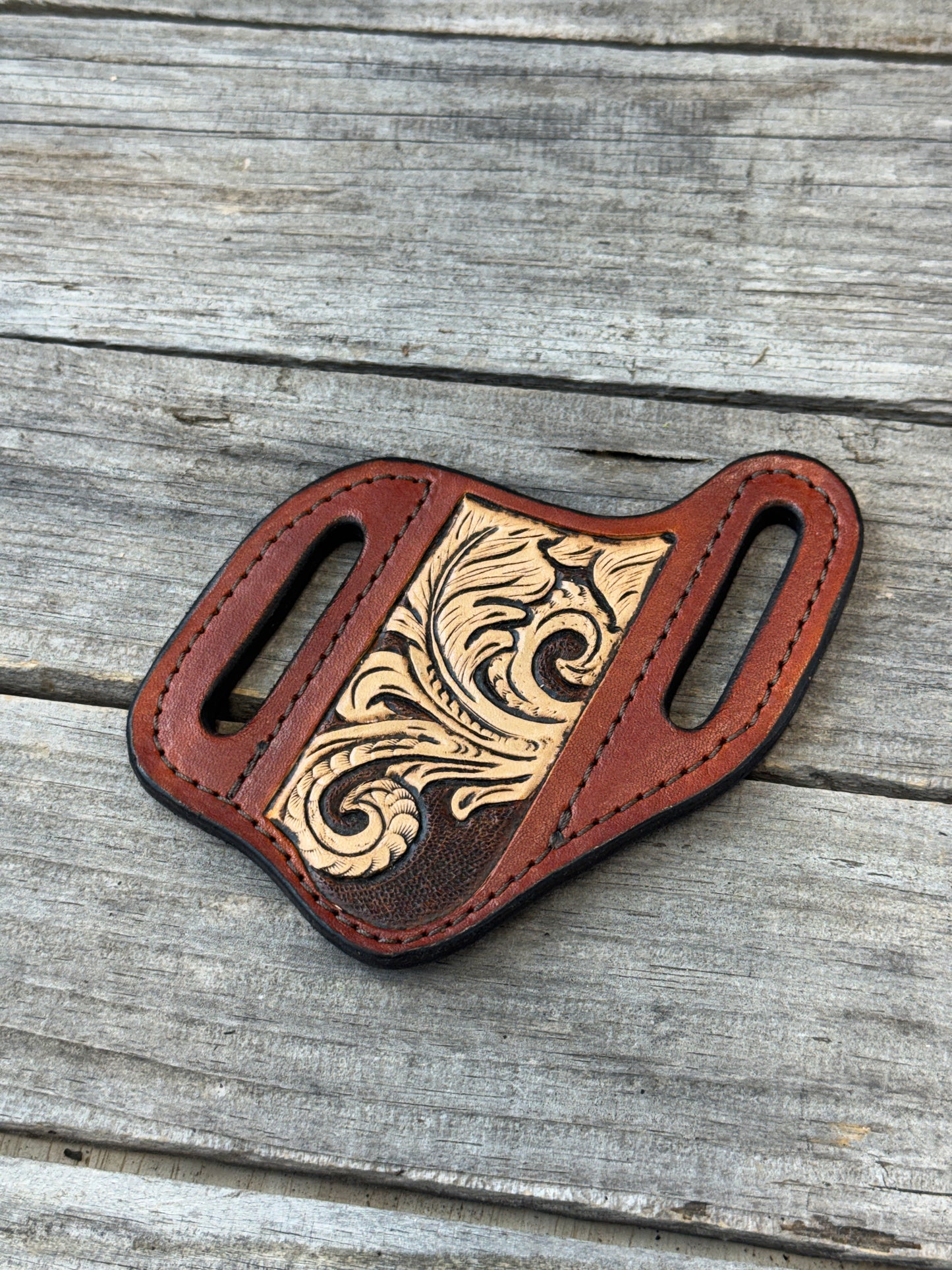Carved Feather Wide Slanted Pancake Knife Sheath