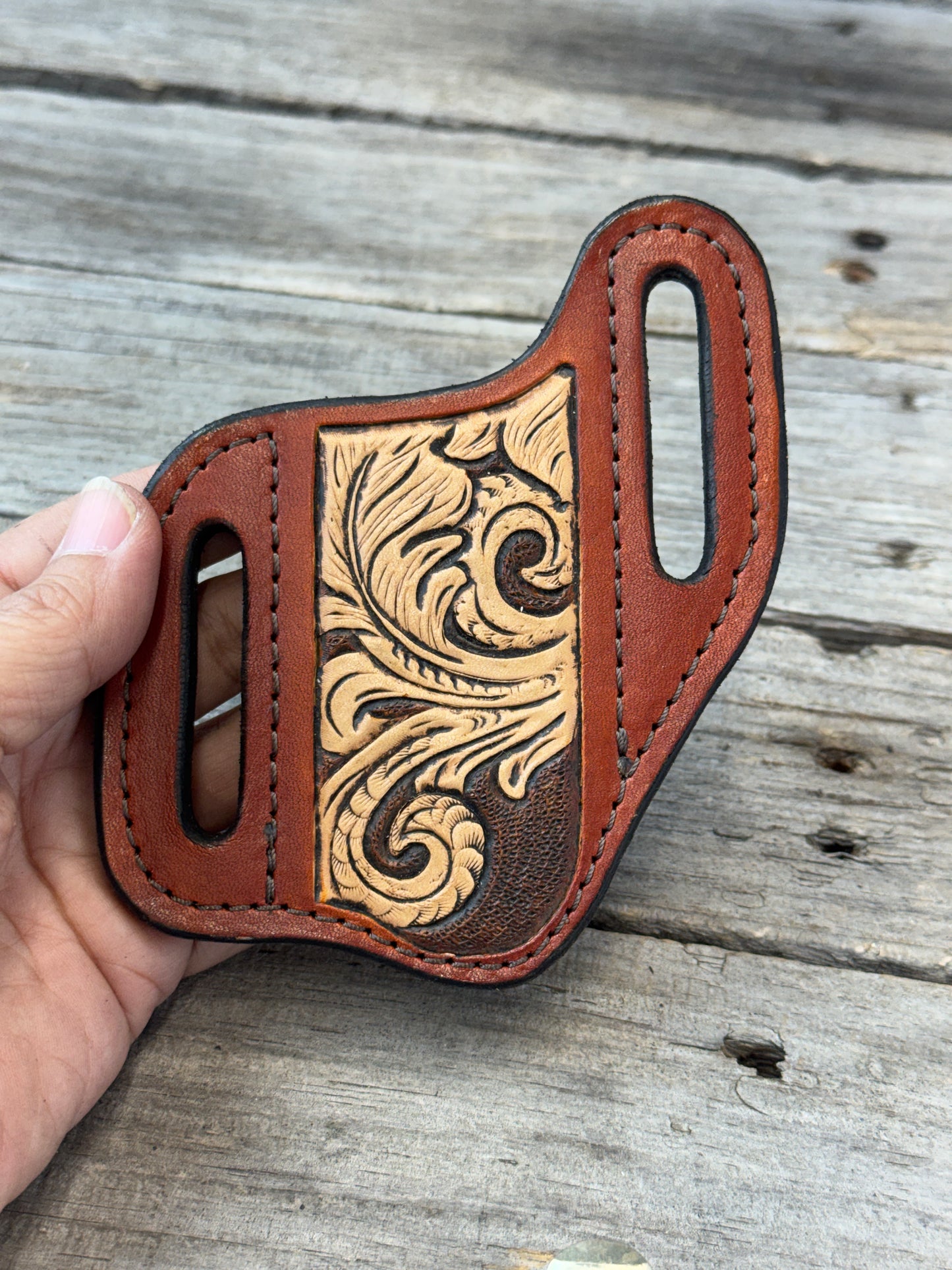 Carved Feather Wide Slanted Pancake Knife Sheath