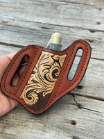 Carved Feather Wide Slanted Pancake Knife Sheath