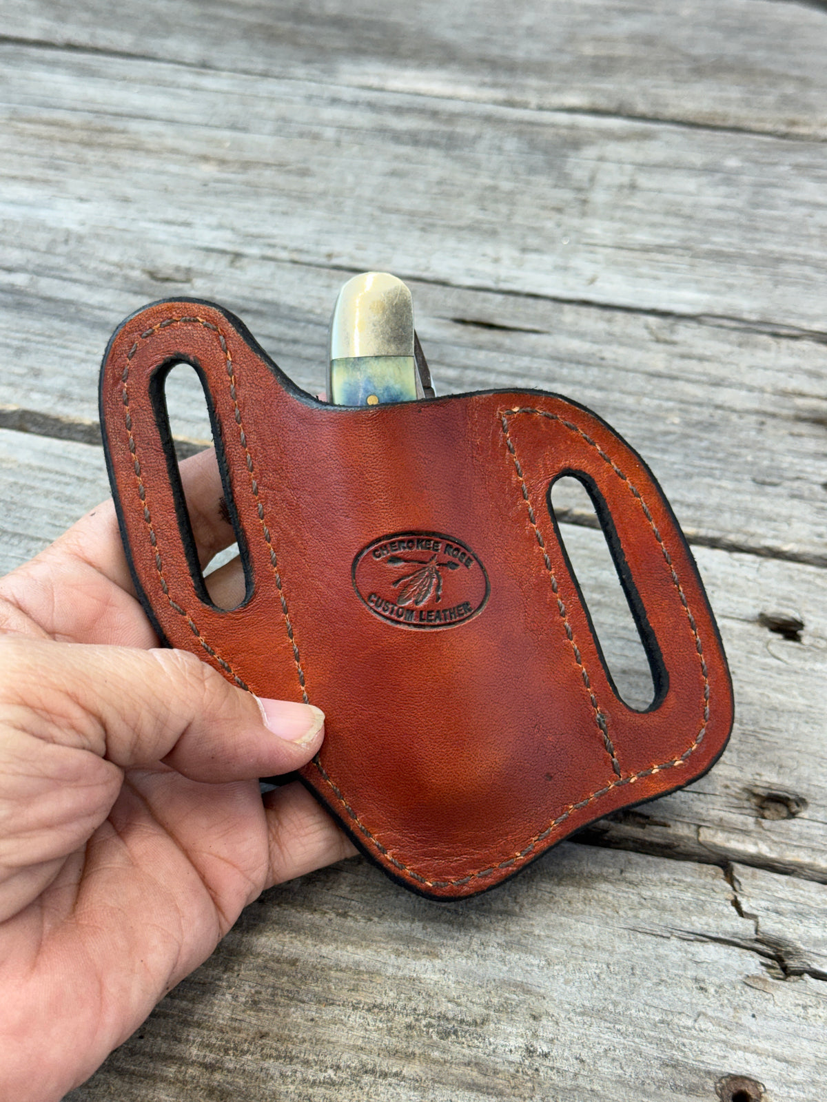 Carved Feather Wide Slanted Pancake Knife Sheath