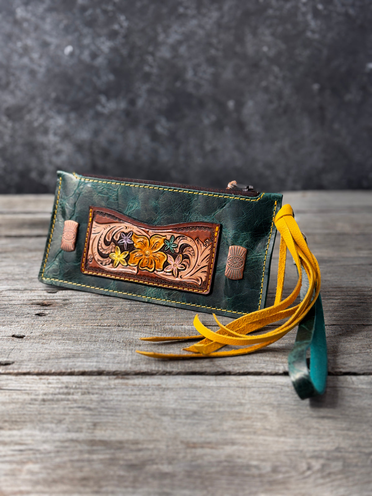 Hand Carved Floral Turquoise Leather Zippered Wristlet Wallet