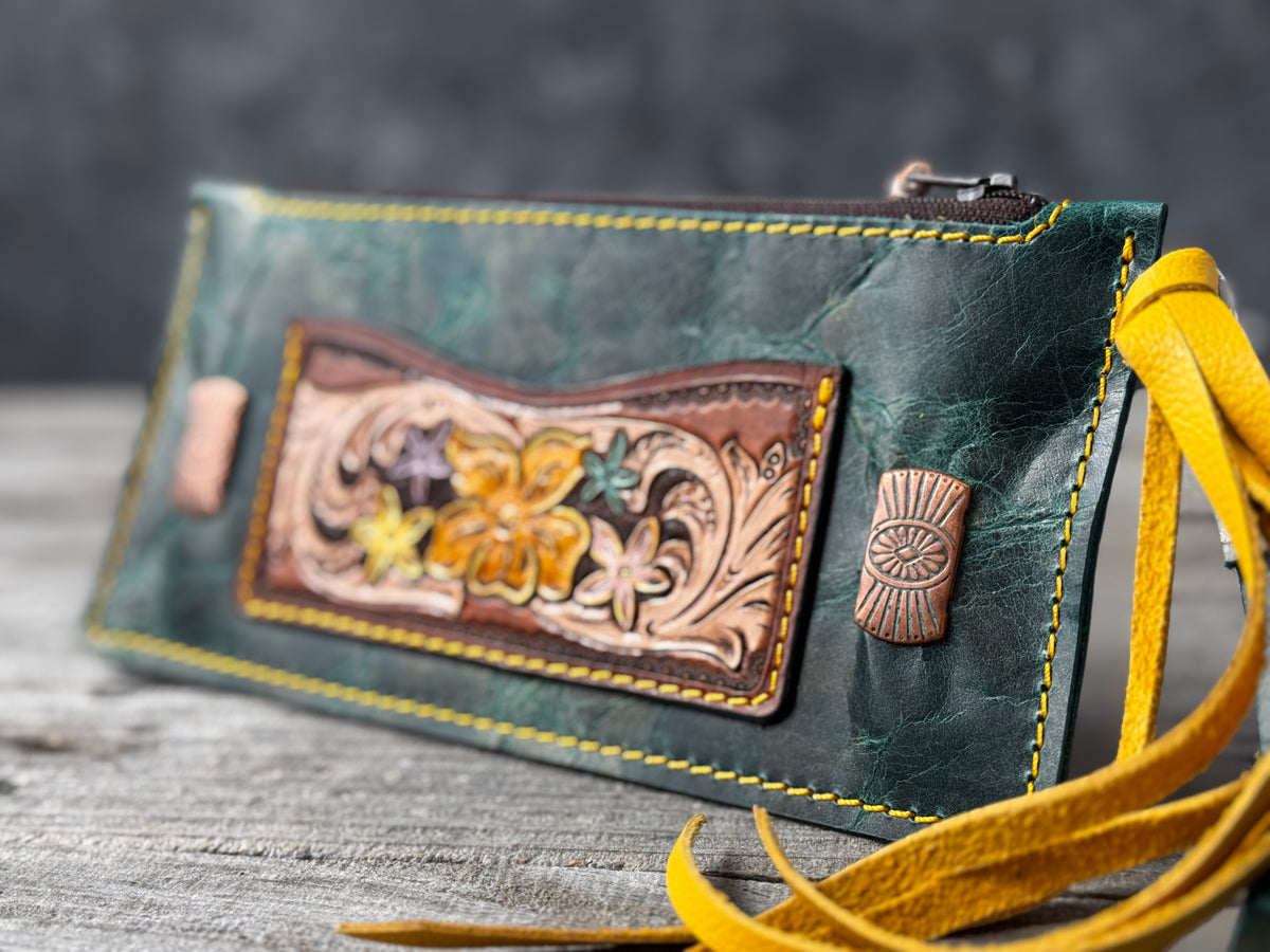 Hand Carved Floral Turquoise Leather Zippered Wristlet Wallet