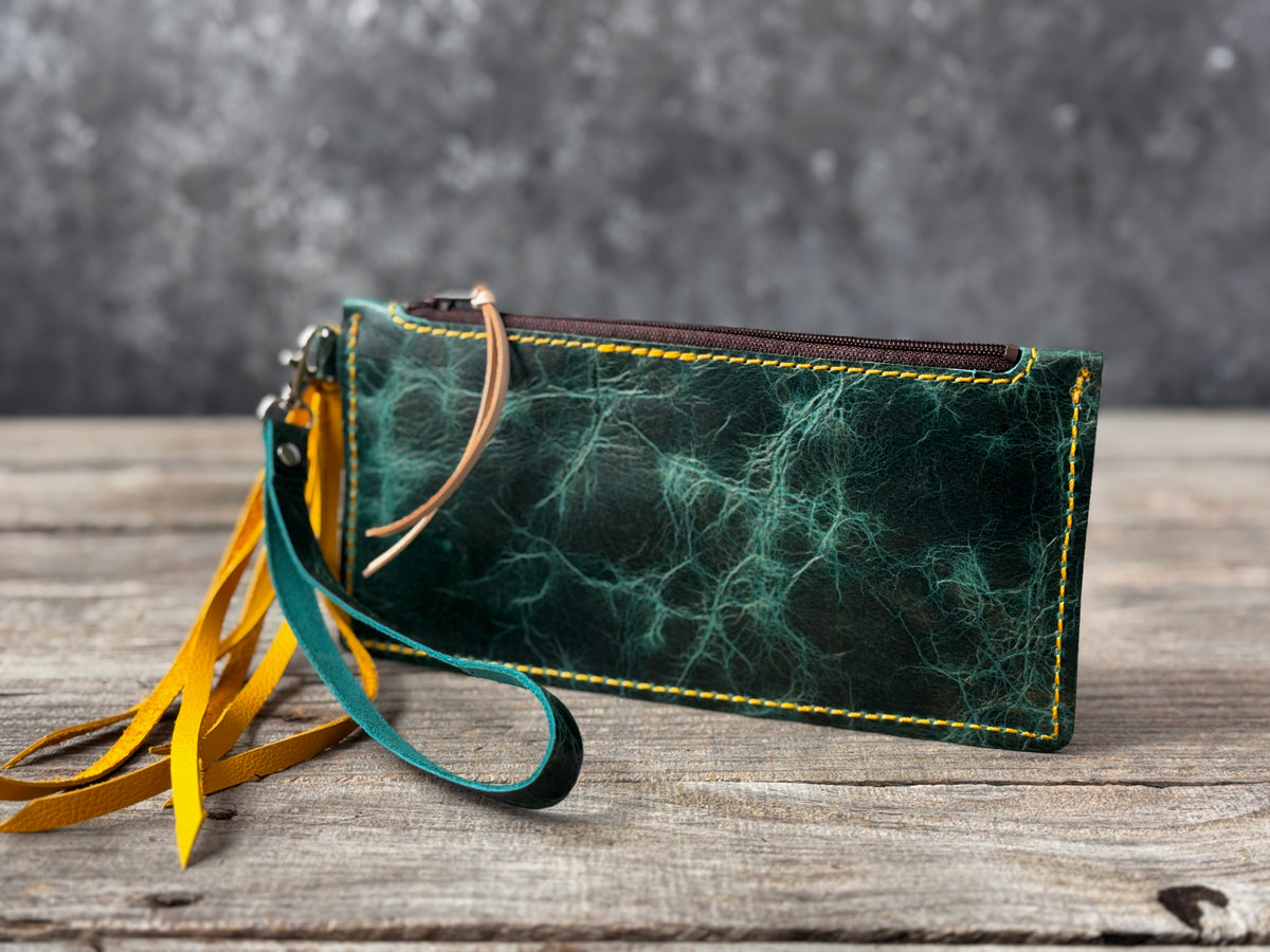 Hand Carved Floral Turquoise Leather Zippered Wristlet Wallet