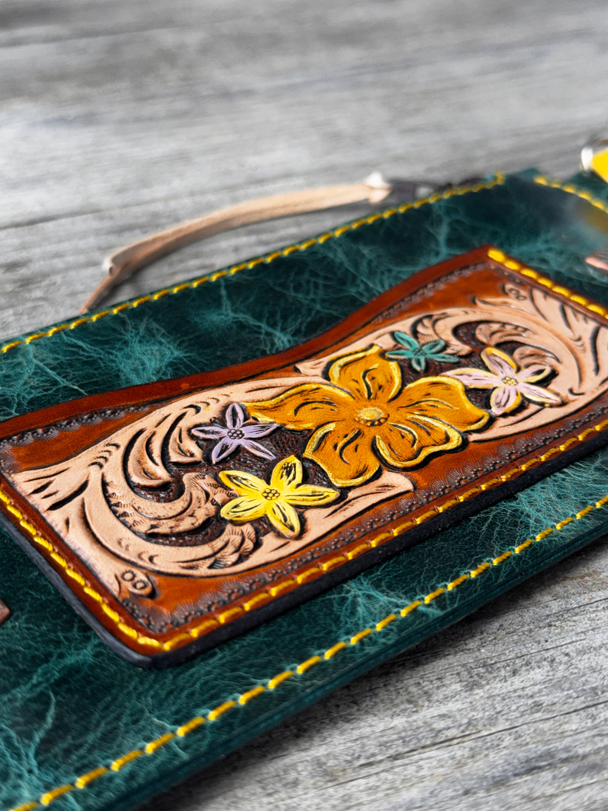 Hand Carved Floral Turquoise Leather Zippered Wristlet Wallet