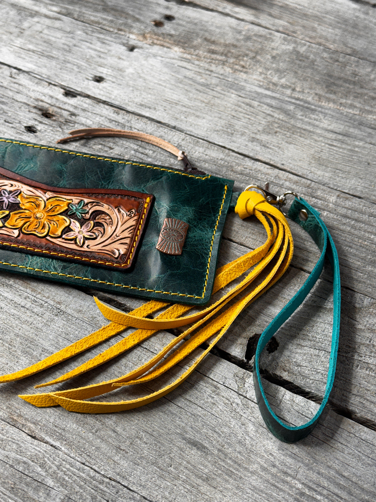 Hand Carved Floral Turquoise Leather Zippered Wristlet Wallet