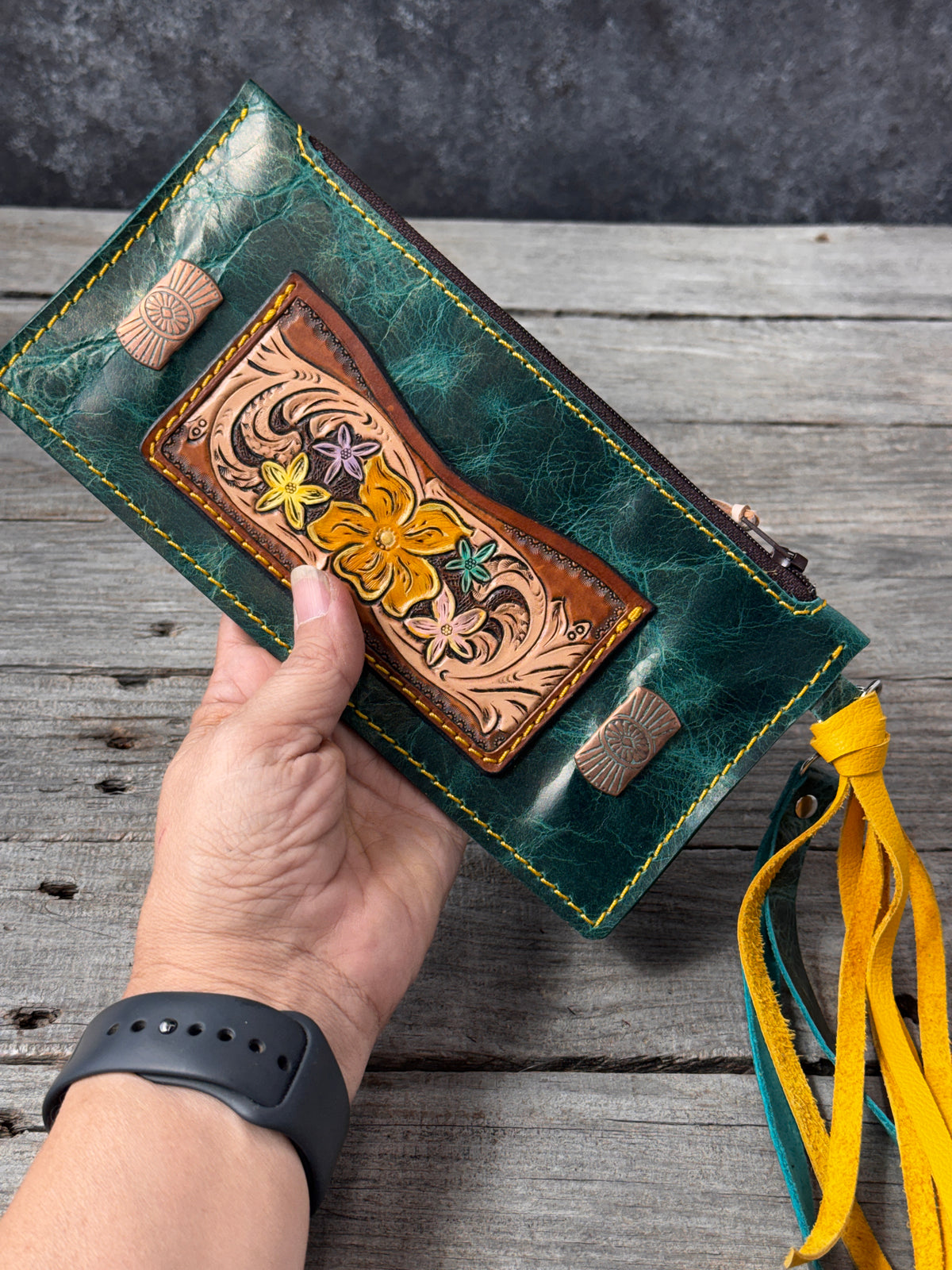 Hand Carved Floral Turquoise Leather Zippered Wristlet Wallet