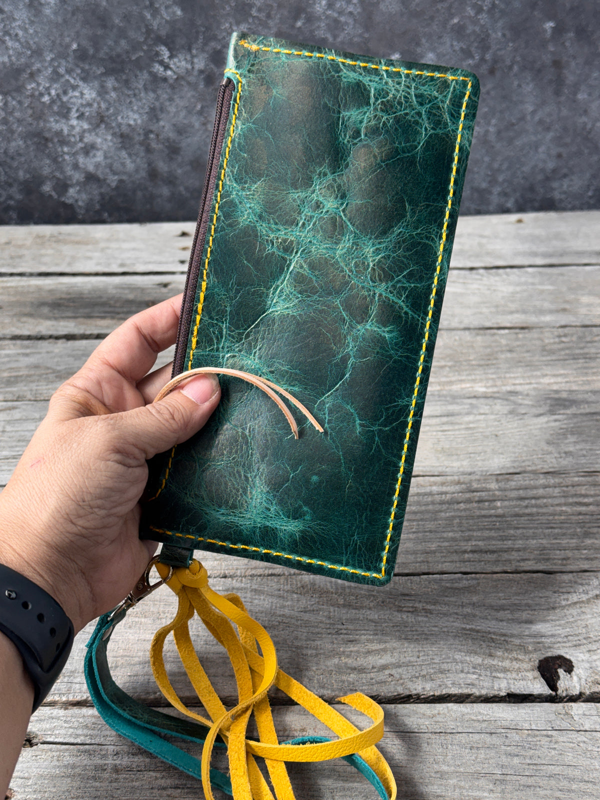 Hand Carved Floral Turquoise Leather Zippered Wristlet Wallet