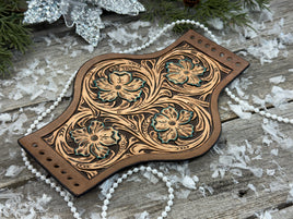 Hand Tooled Leather Wedding Bouquet Wrap – Shaped Floral Design with Turquoise Accents