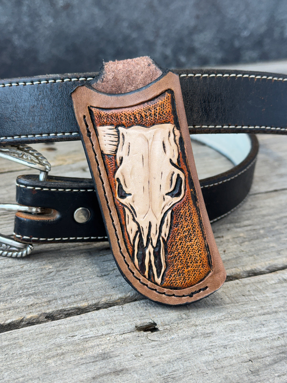 Hand Carved Longhorn Skull Leather Knife Sheath
