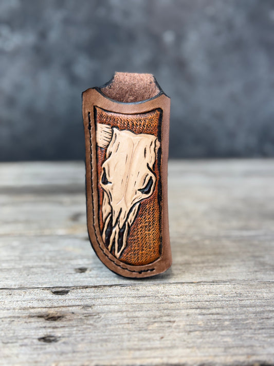 Hand Carved Longhorn Skull Leather Knife Sheath
