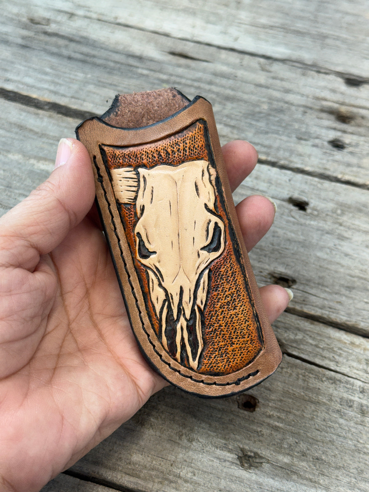 Hand Carved Longhorn Skull Leather Knife Sheath