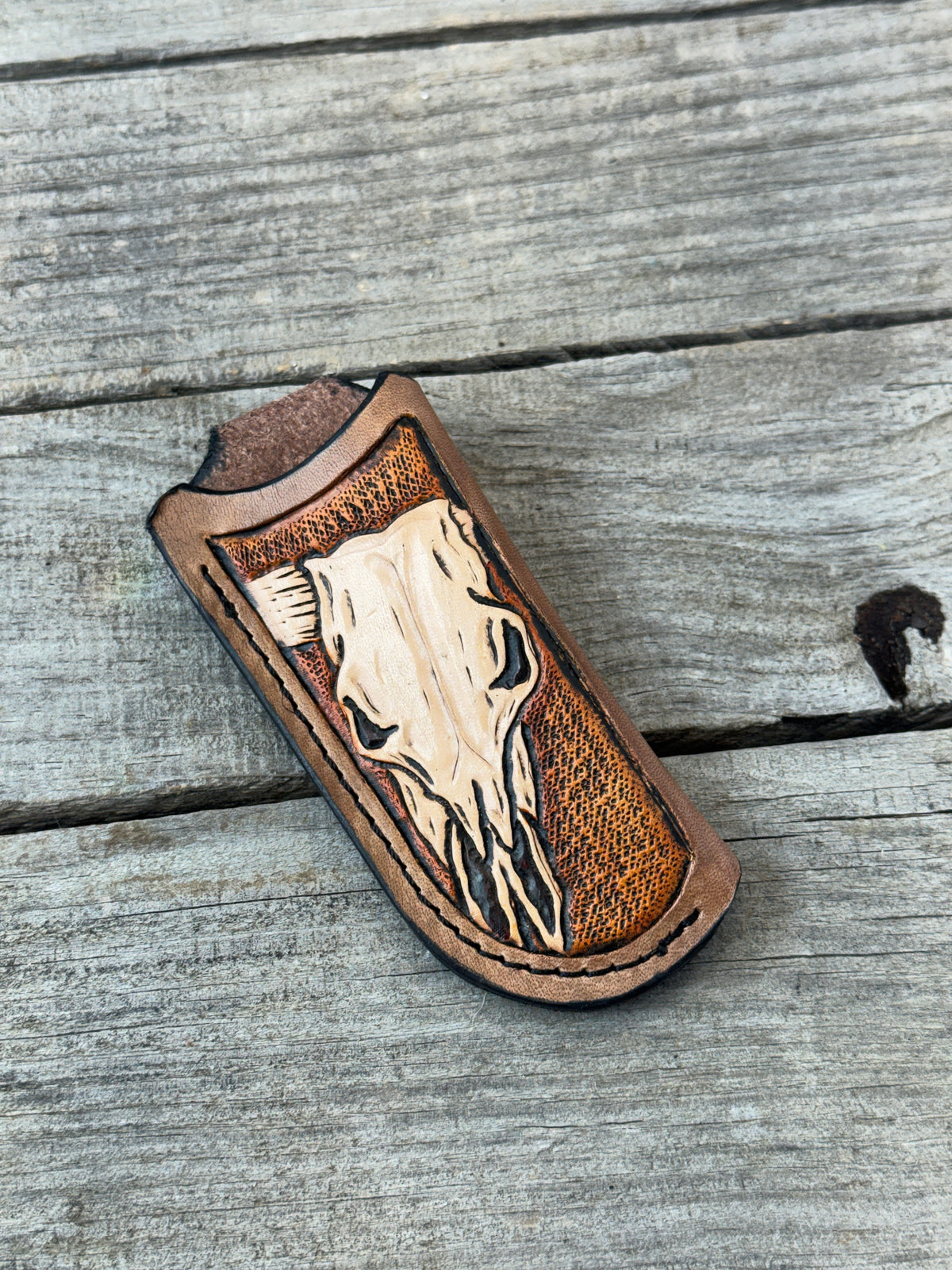 Hand Carved Longhorn Skull Leather Knife Sheath