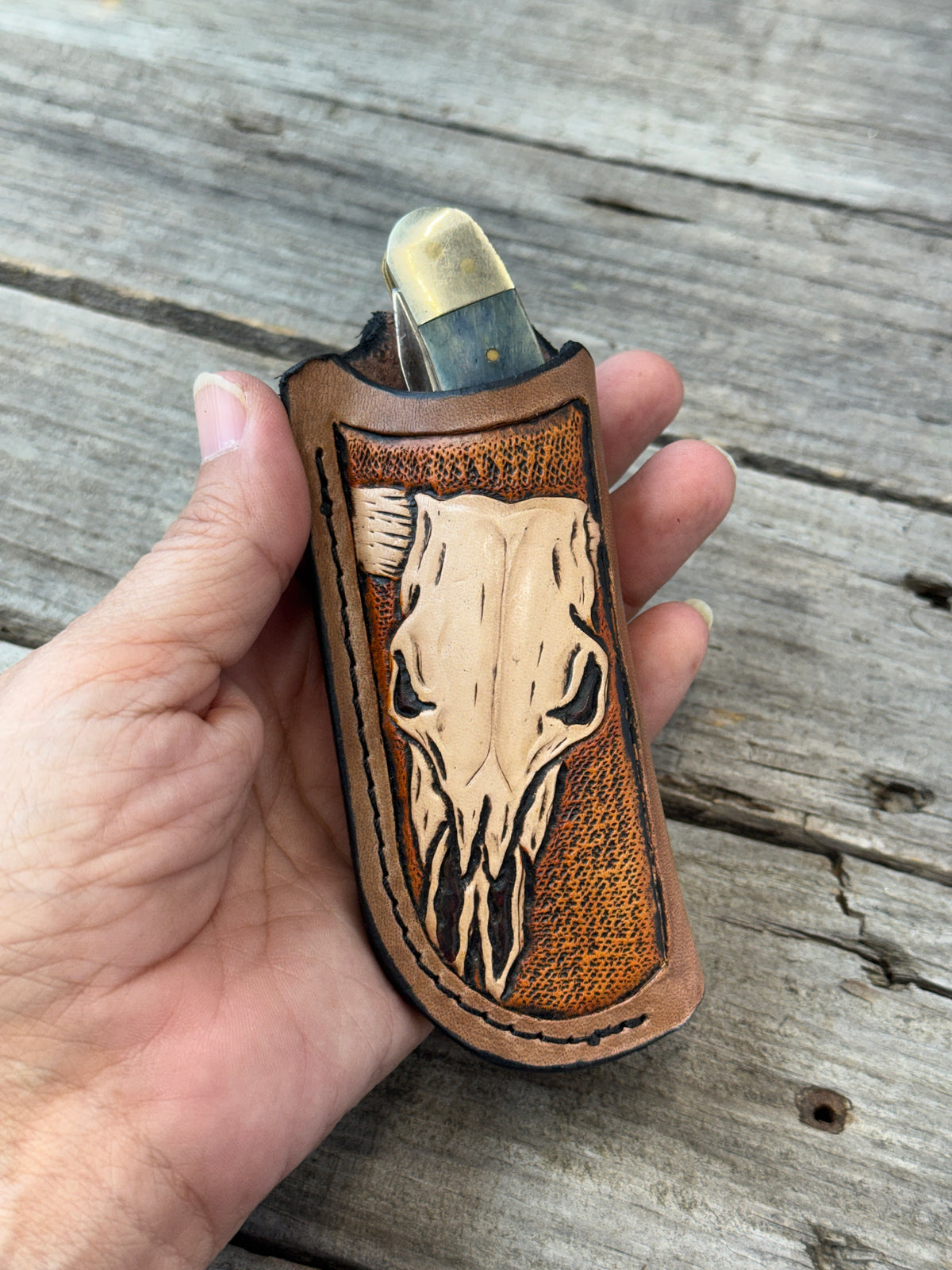 Hand Carved Longhorn Skull Leather Knife Sheath