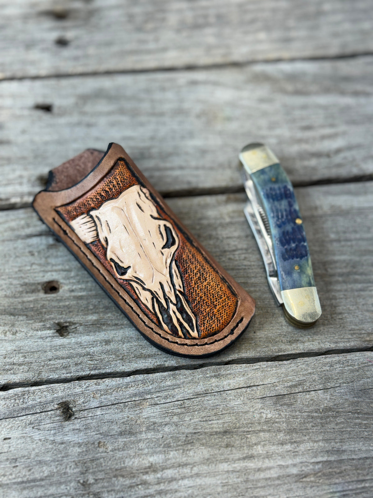 Hand Carved Longhorn Skull Leather Knife Sheath